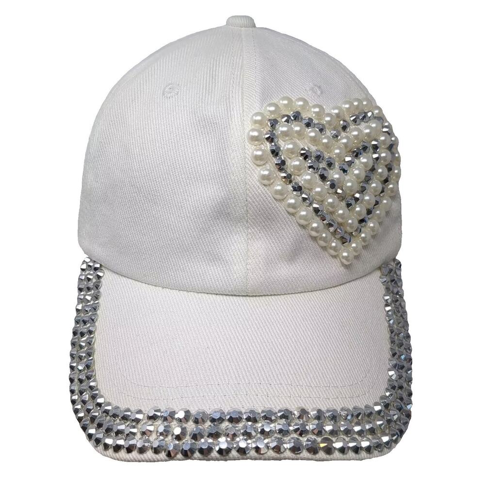 29 Palms Baseball Cap White Silver Pearl Rhinestone Heart Hat OS Cotton Jeweled